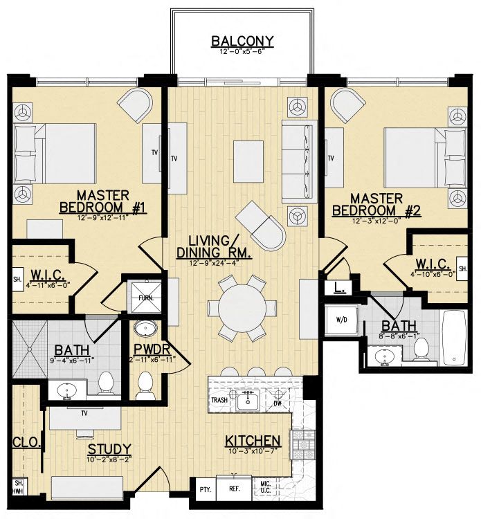 Floor plan for 2 beds, 2.5 baths, 1262 sqft